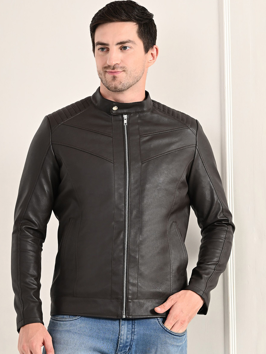 TBOJ Stand Collar Classic Look Anti Odour Lightweight Leather Jacket