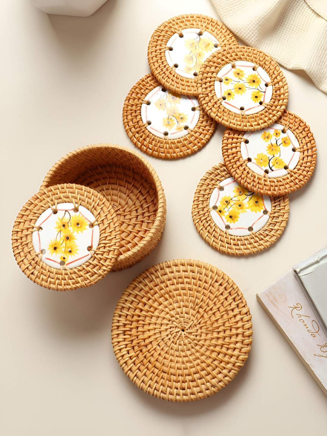 HABERE INDIA Brown 6 Pieces Round Rattan Coasters With Storage Box