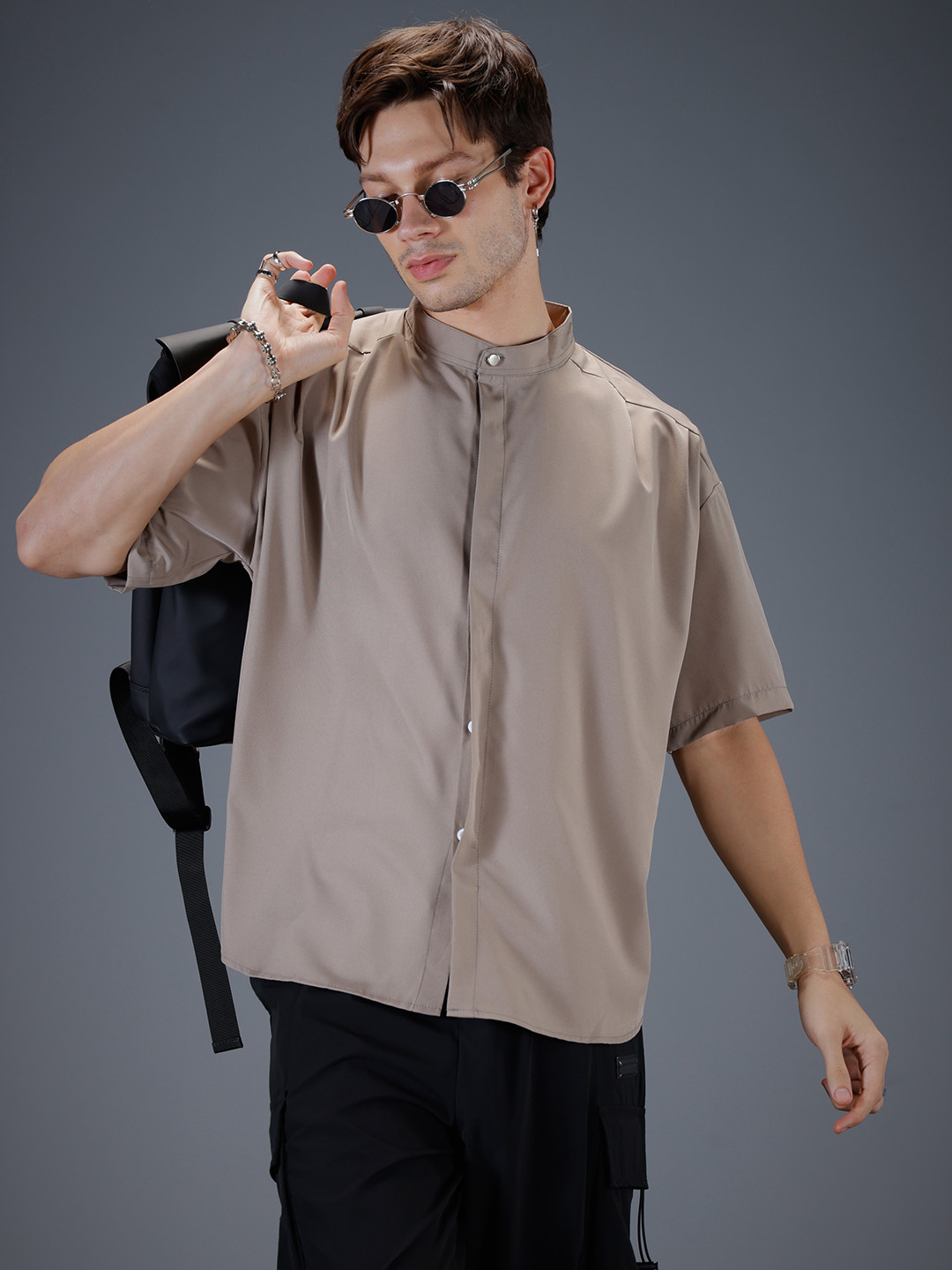SOKO STREET Band Collar Opaque Relaxed Fit Casual Shirt