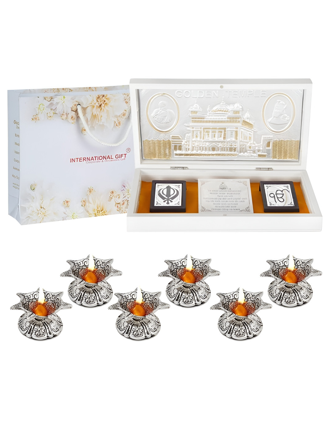 INTERNATIONAL GIFT Religious Golden Temple Message Box with 6 Diya Silver Metal Metallic Prayer Room Lights Large Showpiece - 4.3 Inches
