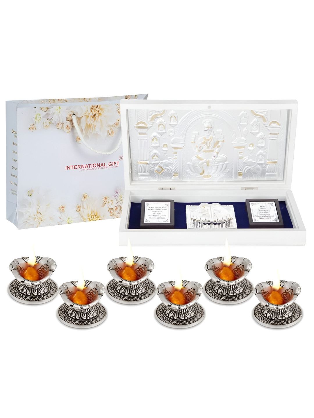 INTERNATIONAL GIFT Mata Saraswati Charan Paduka with 6 Diya Silver Metal Metallic Prayer Room Large Showpiece - 4.3 Inches