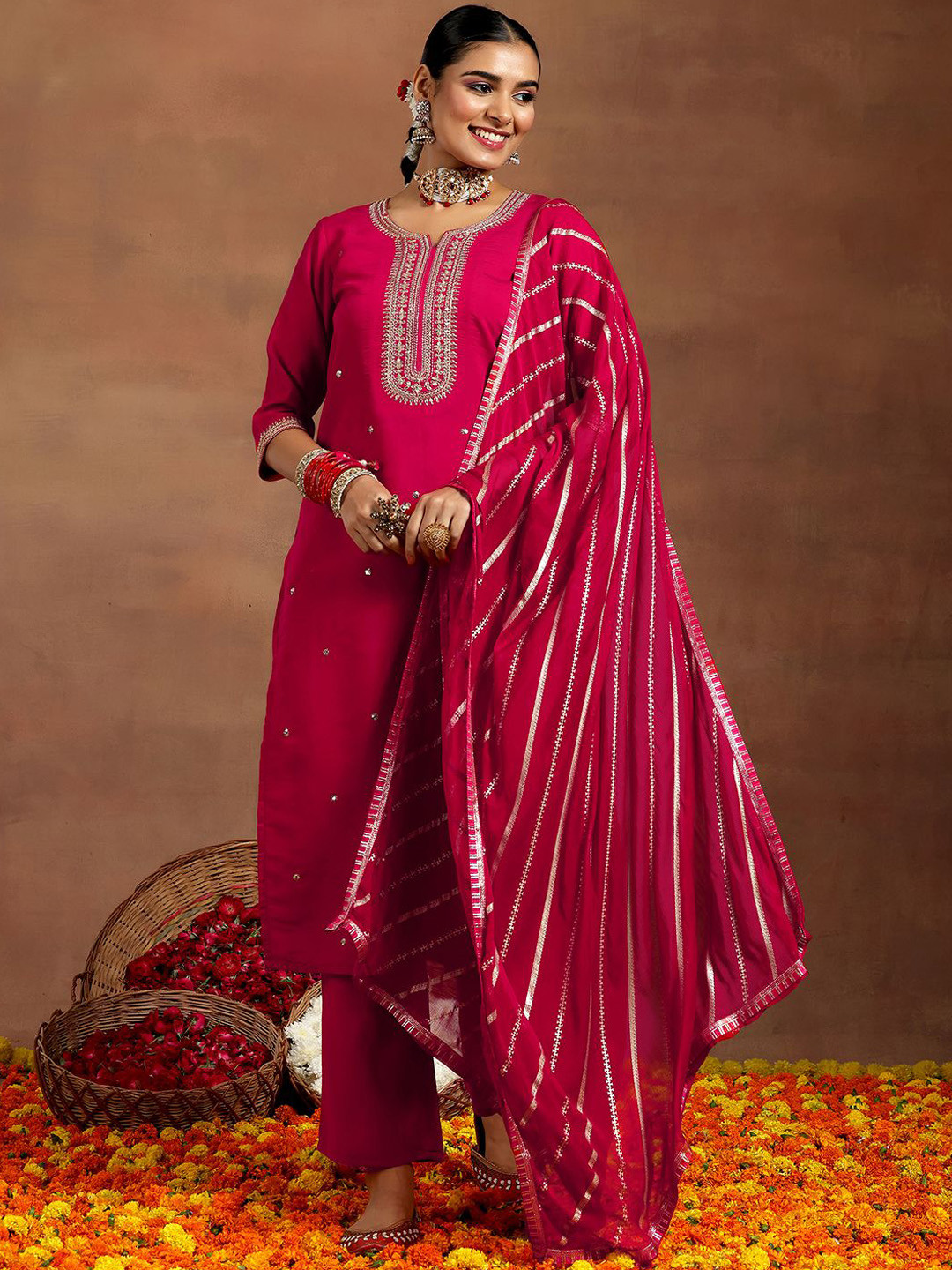 Gerua By Libas Floral Embroidered Beads and Stones Straight Kurta with Trousers & With Dupatta