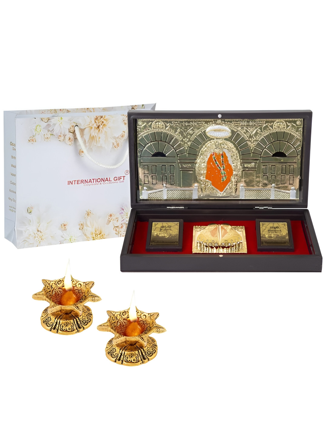 INTERNATIONAL GIFT Sai Baba Charan Paduka with Diya Gold Metal Metallic Prayer Room Set of 3 Large Showpieces - 4.3 Inches