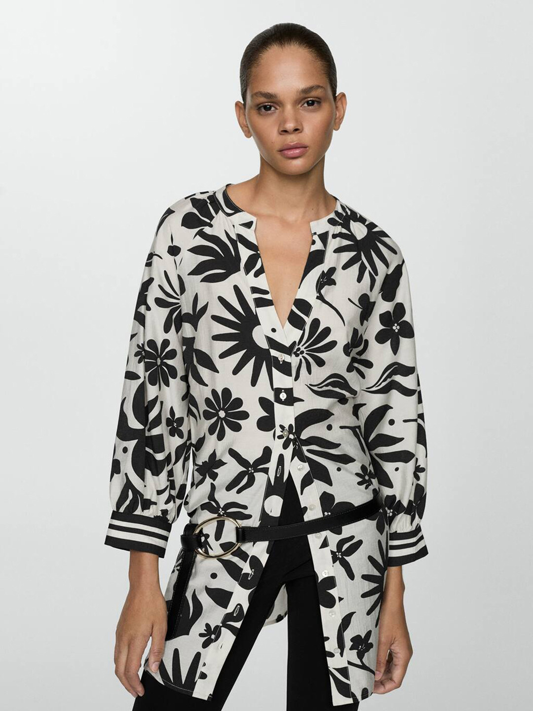 MANGO Floral Print Longline Oversized Shirt with Tie-Up