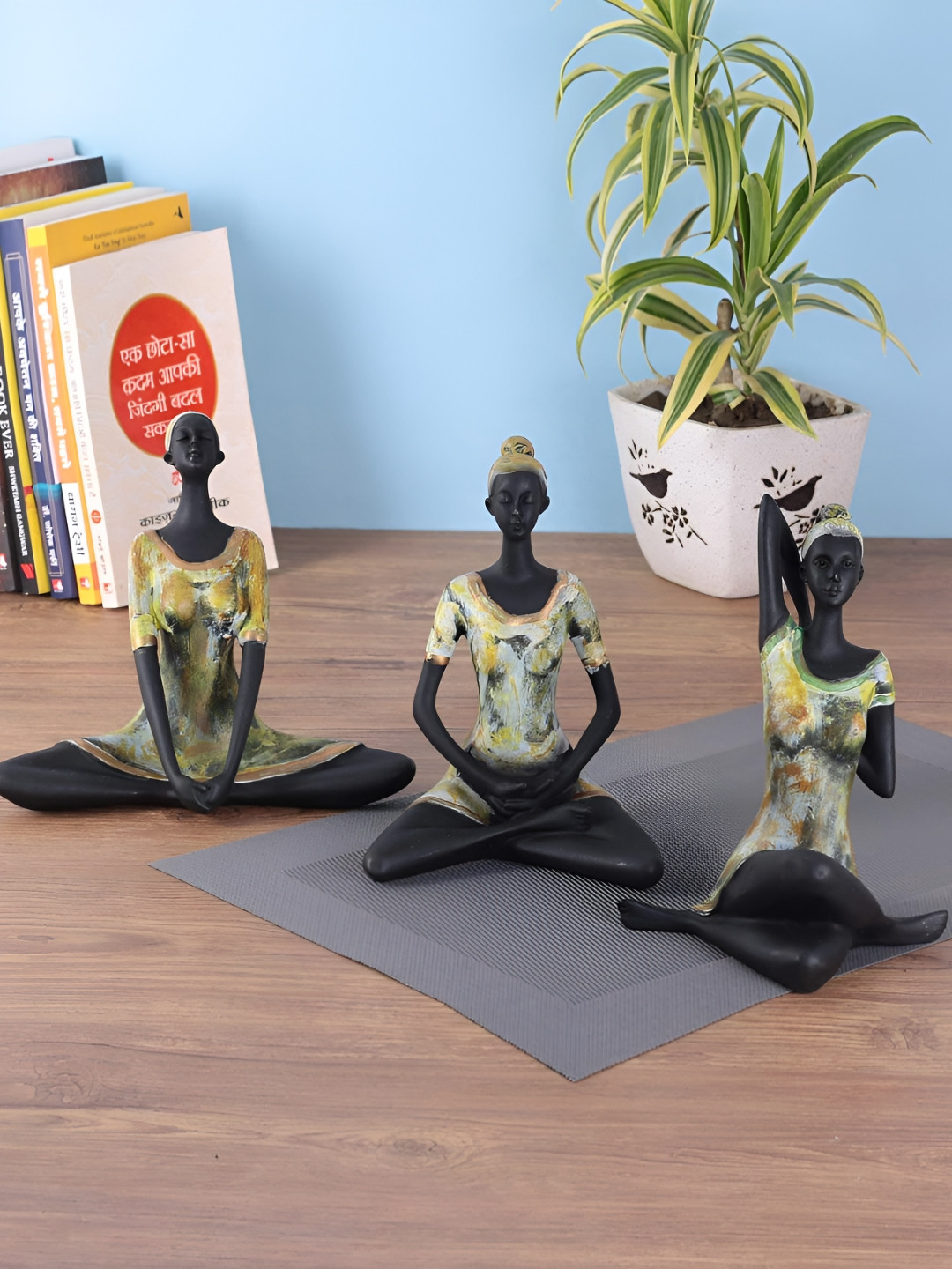 Zart Yoga Lady Black Polyresin Natural Home Office Set of 3 Small Showpieces - 8 Inches