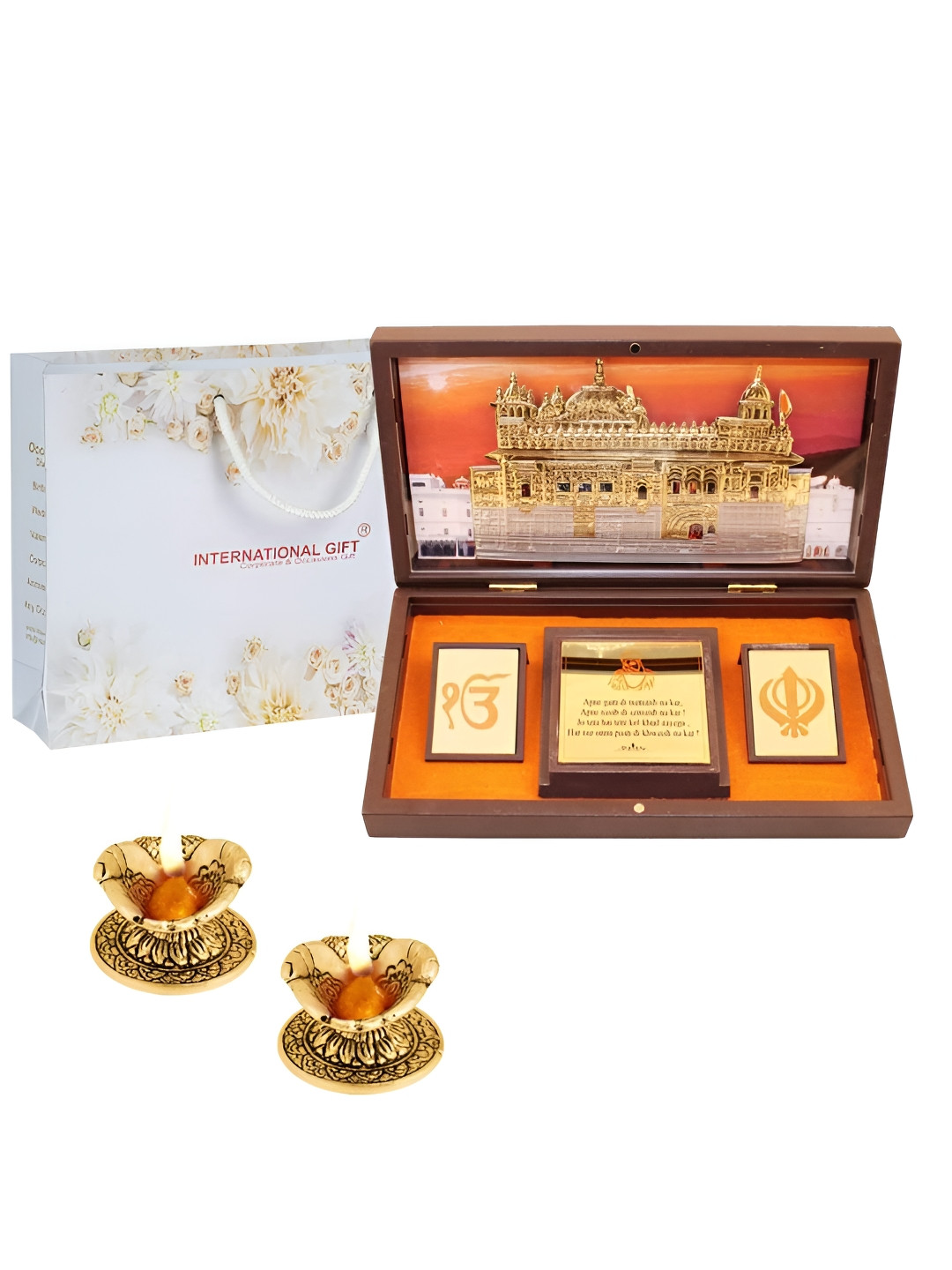 INTERNATIONAL GIFT Religious Golden Temple Message Box with Diya Gold Metal Metallic Prayer Room Set of 3 Large Showpieces - 4.3 Inches