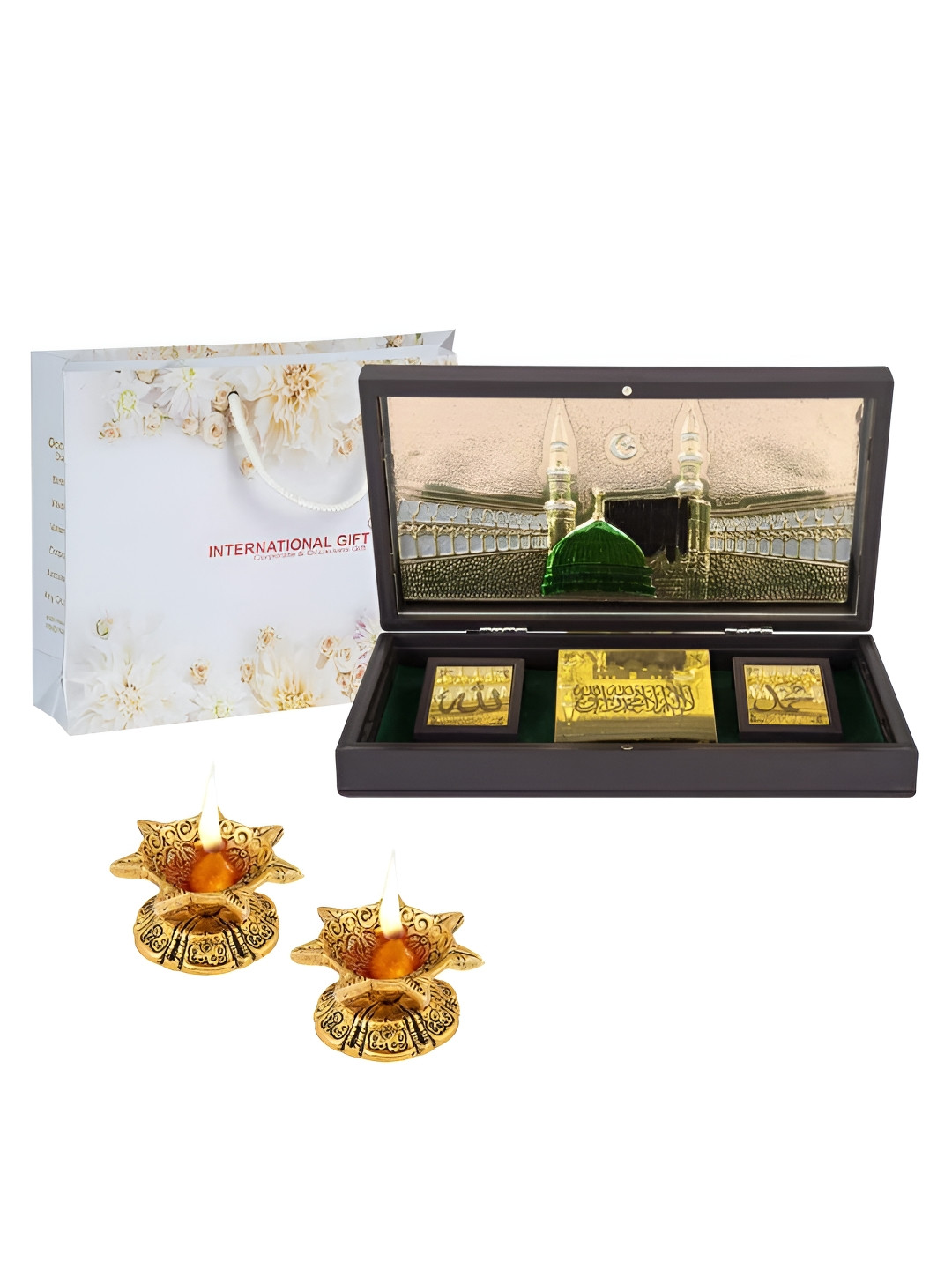 INTERNATIONAL GIFT Holy Mecca Madina Message Box with Diya Gold Metal Metallic Prayer Room Set of 3 Large Showpieces - 4.3 Inches