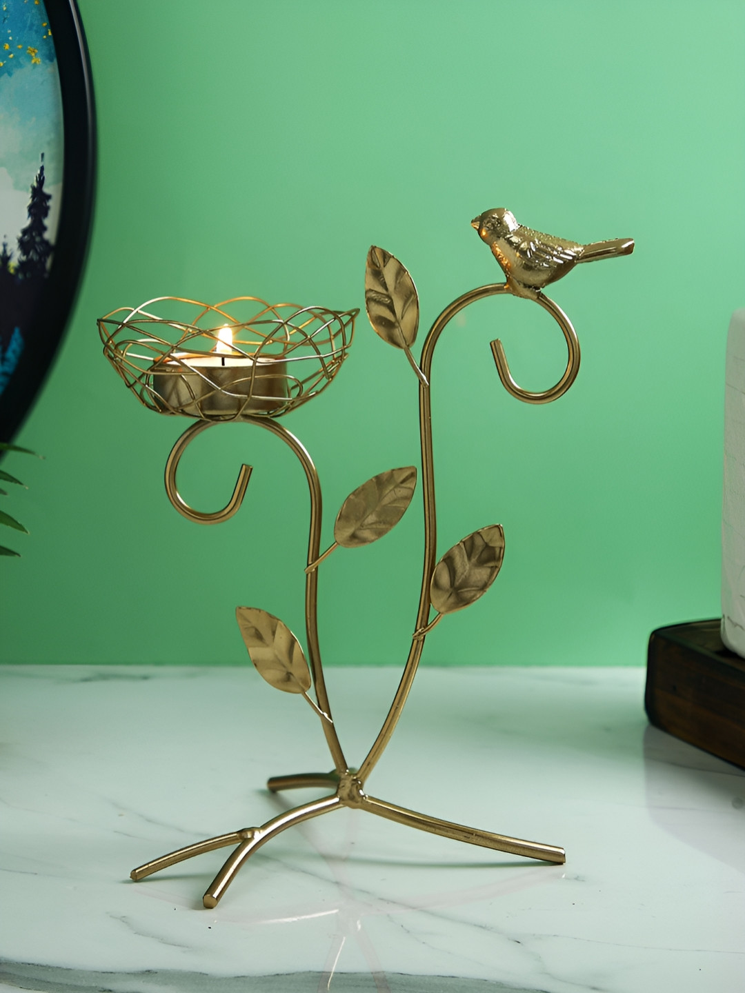 TAYHAA Gold  Toned Leaves and Branch Textured Metal Candle Holder