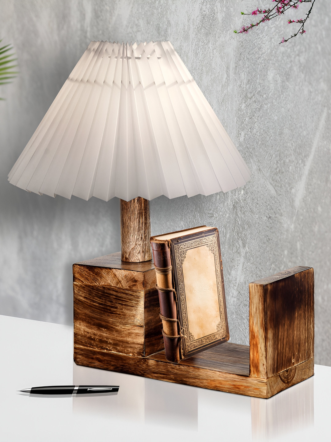 Homesake White Textured Wood Industrial Frusturical Shaped Table Lamp with Bulb