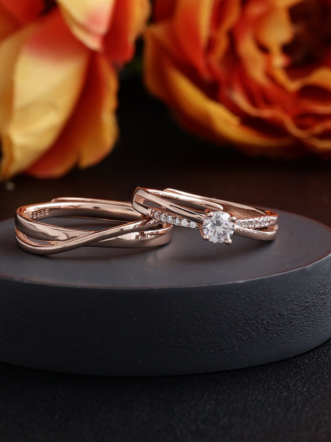DIAVO Set Of 2 925 Sterling Silver Rose Gold Plated Stone Studded Couple Bands Finger Ring