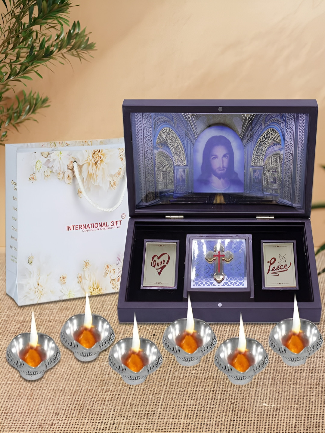 INTERNATIONAL GIFT Religious Jesus Message Box with 6 Diya Gold Metal Metallic Prayer Room Large Showpiece - 4.3 Inches