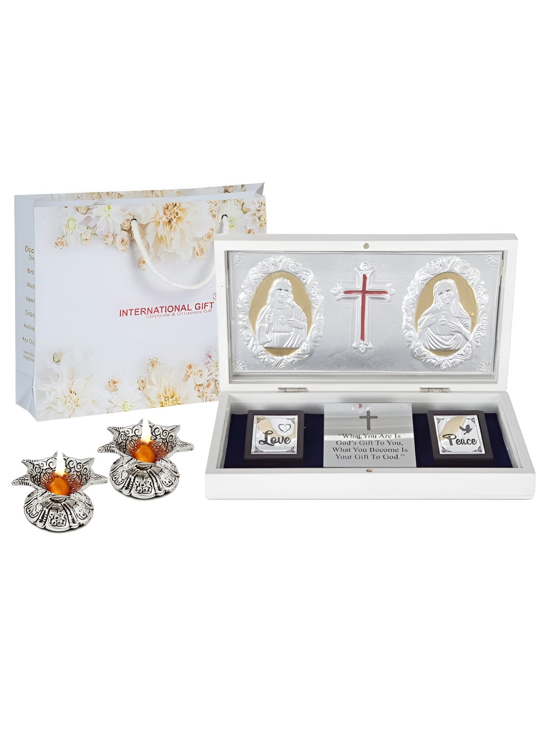 INTERNATIONAL GIFT Jesus Message Box with Diya Silver Metal Metallic Prayer Room Set of 3 Large Showpieces - 4.3 Inches