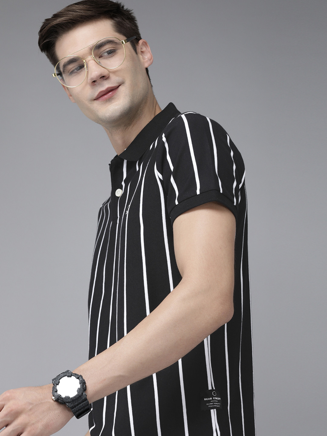 THE BEAR HOUSE Men Black & White Striped Yarndyed Polo Collar Slim Fit T-shirt