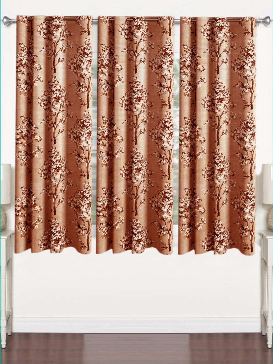 Lunar Days Brown and White 3 Pieces Floral Room Darkening Window Curtains