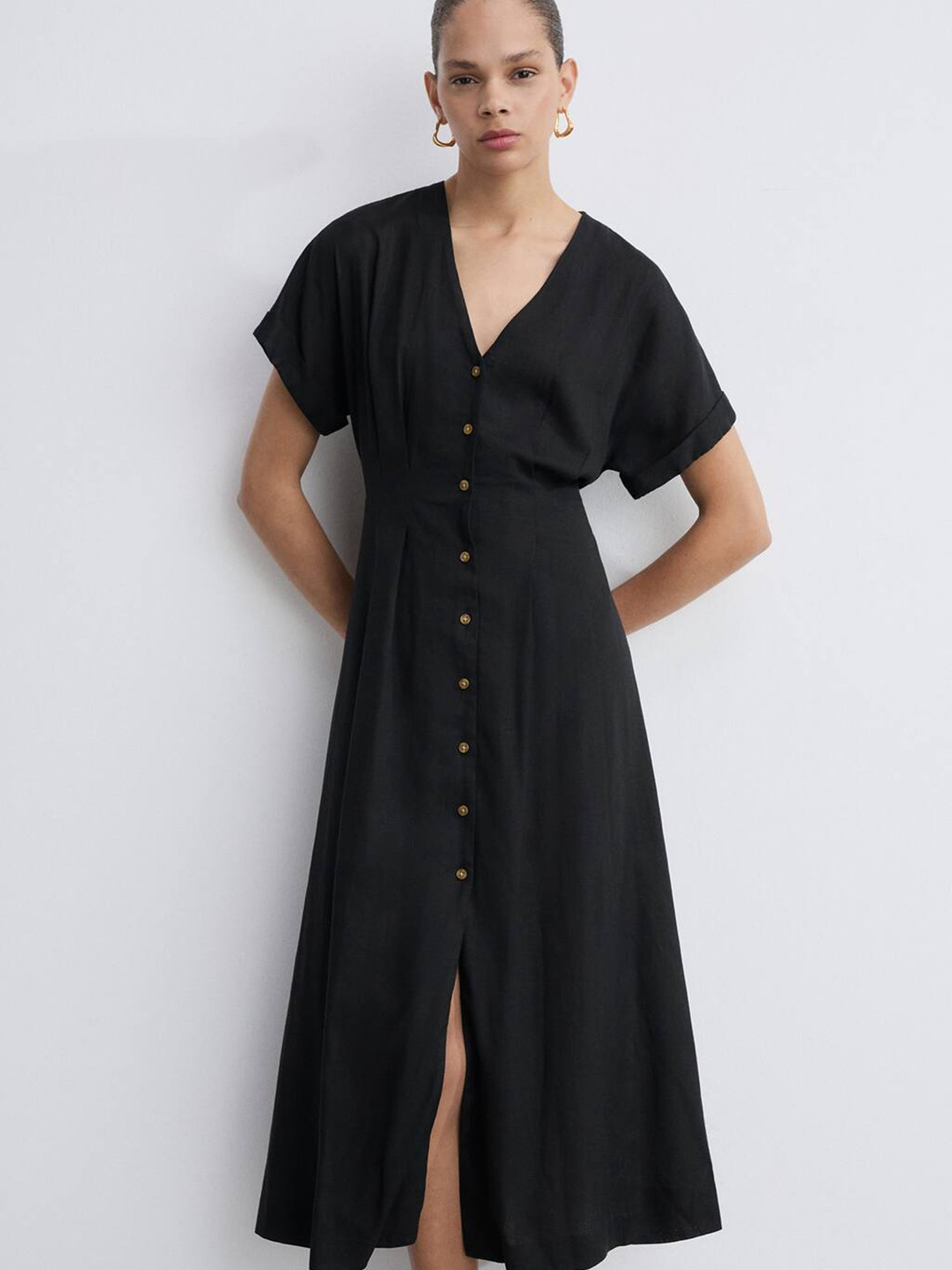 MANGO Button Detail Front Slit A-Line Midi Dress