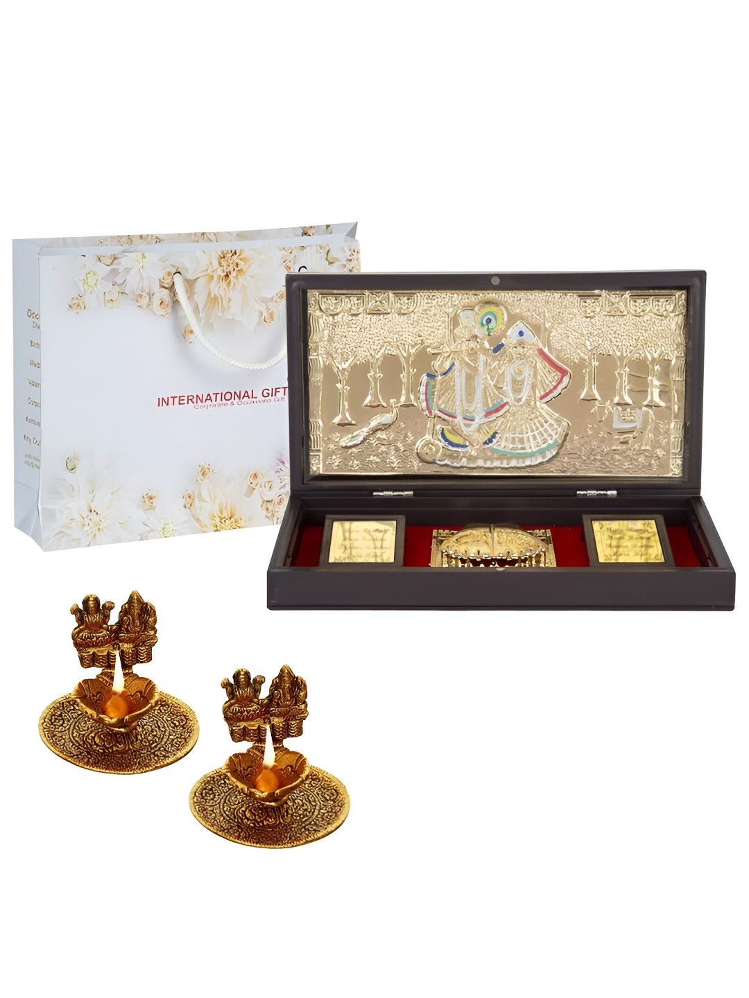 INTERNATIONAL GIFT Radha Krishna with Diya Gold Metal Metallic Prayer Room Set of 3 Large Showpieces - 4.3 Inches