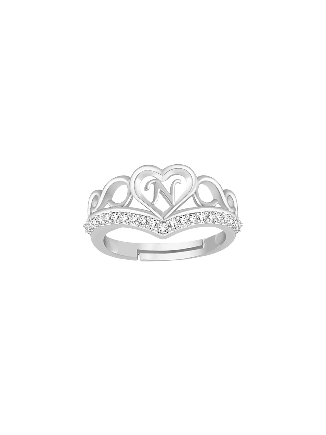 Lila Silver-Plated Heart Shaped With N Letter American Diamond -Studded Finger Ring