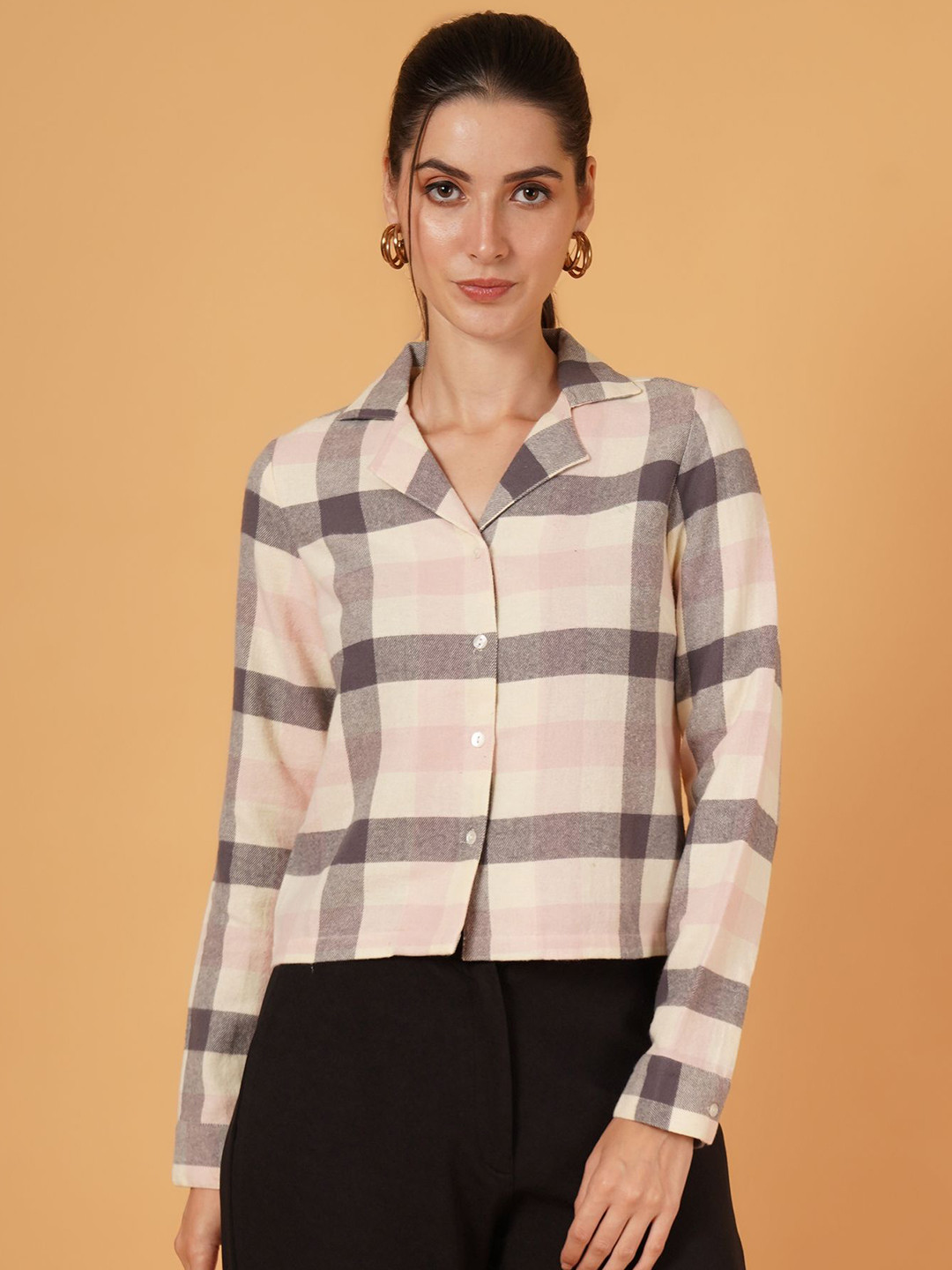 IX IMPRESSION Checked Cotton Shirt Style Crop Top