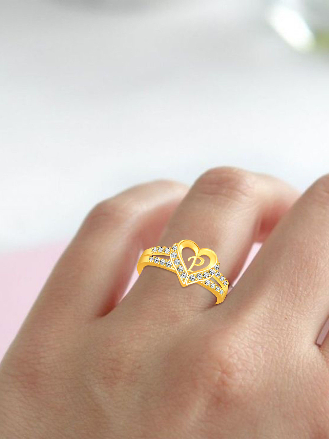 Lila Gold-Plated Stone-Studded Heart Alphabet 'P' Adjustable Finger Ring
