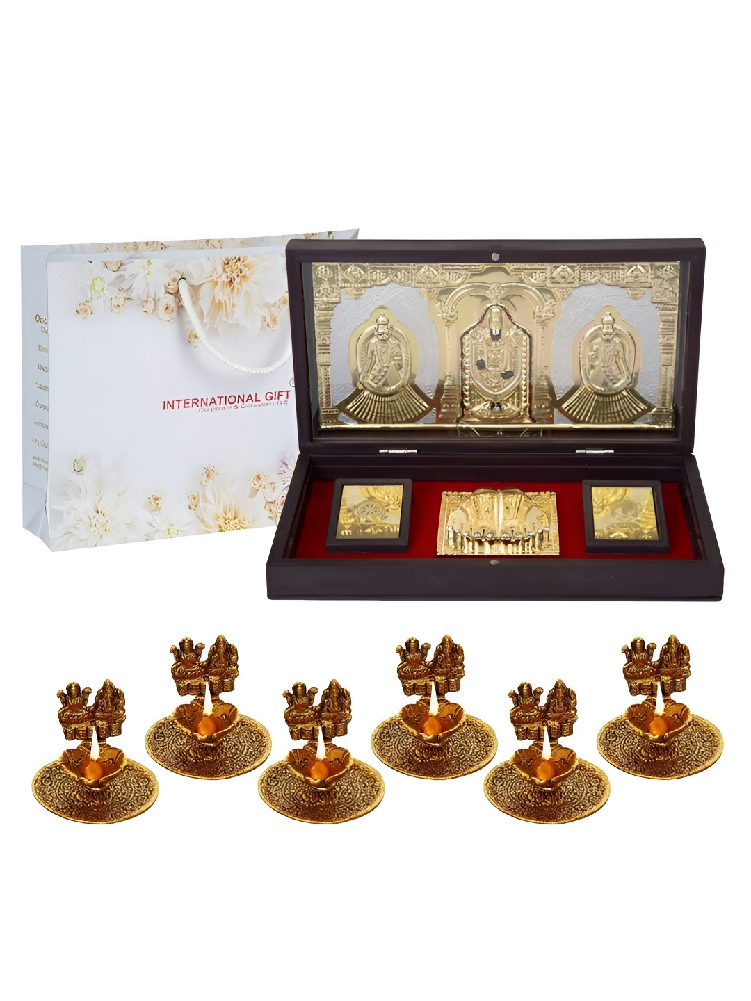 INTERNATIONAL GIFT Bala Ji Charan Paduka with 6 Diya Gold Metal Metallic Prayer Room Large Showpiece - 4.3 Inches