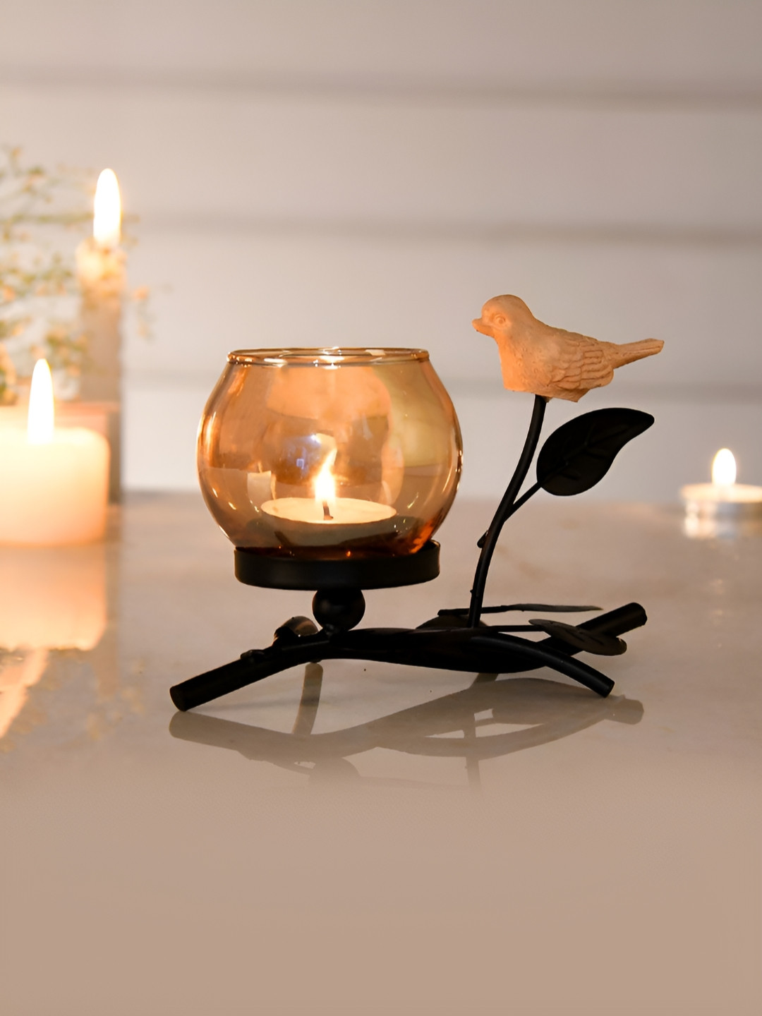 TAYHAA Black & Gold Toned Bird Textured Metal Candle Holder With Glass