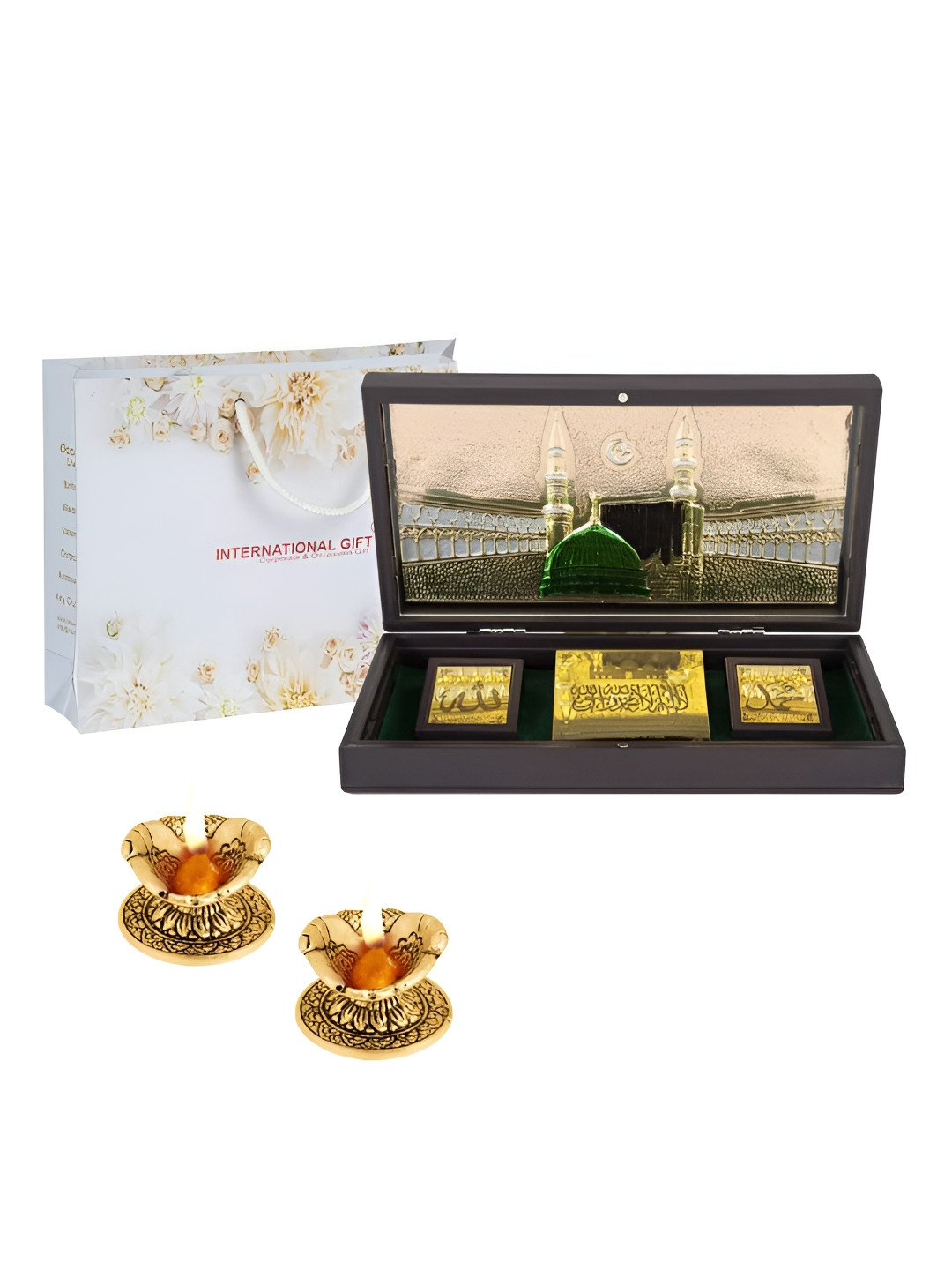 INTERNATIONAL GIFT Holy Mecca Madina Message Box with Diya Gold Metal Metallic Prayer Room Set of 3 Large Showpieces - 4.3 Inches