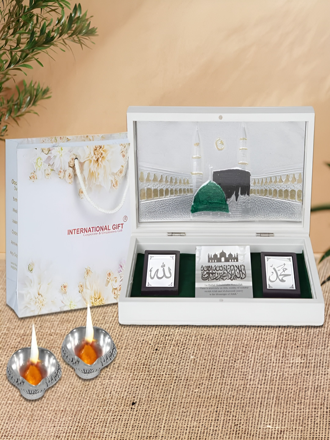 INTERNATIONAL GIFT Religious Mecca Madina Message Box with Diya Silver Metal Metallic Prayer Room Set of 3 Large Showpieces - 4.3 Inches