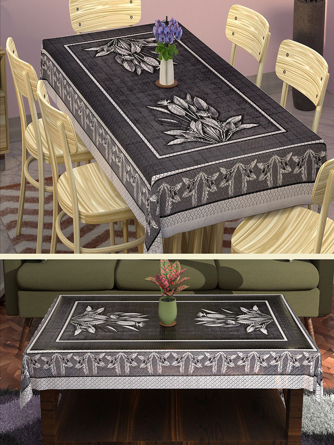 Kuber Industries Black Pack of 2 Floral Printed 6 Seater Cotton Dining Table Cover