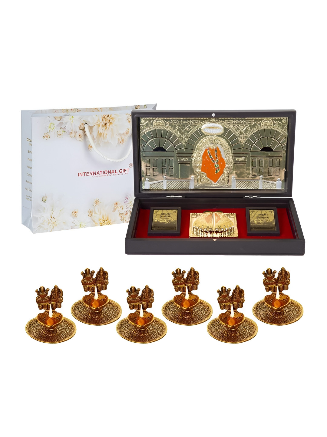 INTERNATIONAL GIFT Sai Baba Charan Paduka with 6 Diya Gold Metal Metallic Prayer Room Large Showpiece - 4.3 Inches