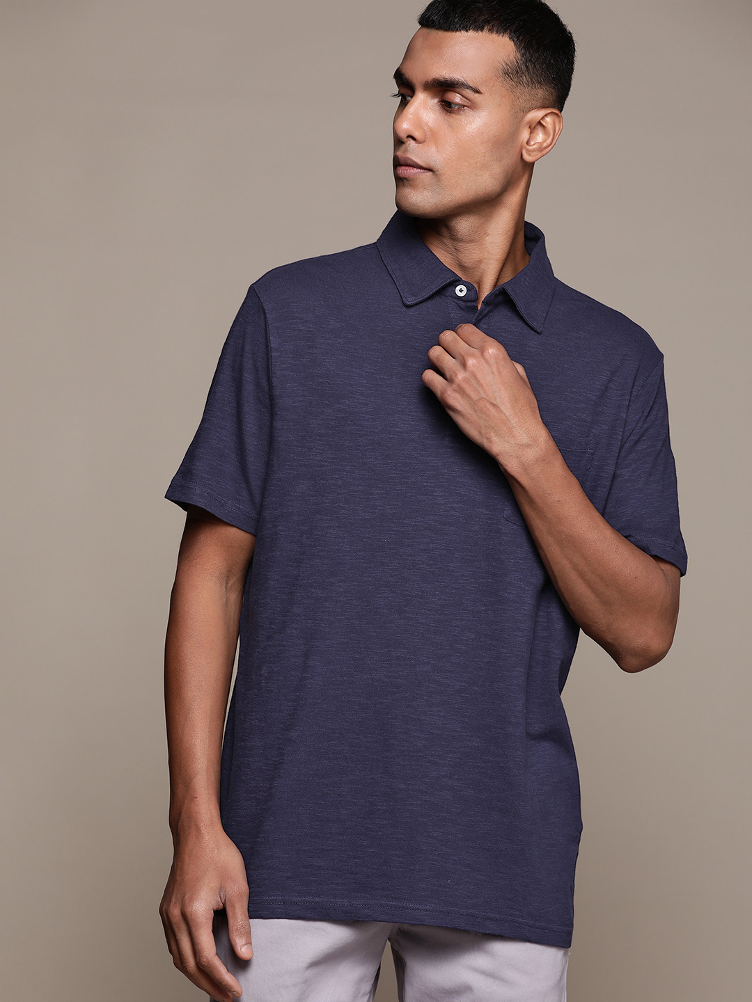 Macy's Club Room Men Navy Blue Solid Polo Collar Pure Cotton T-shirt