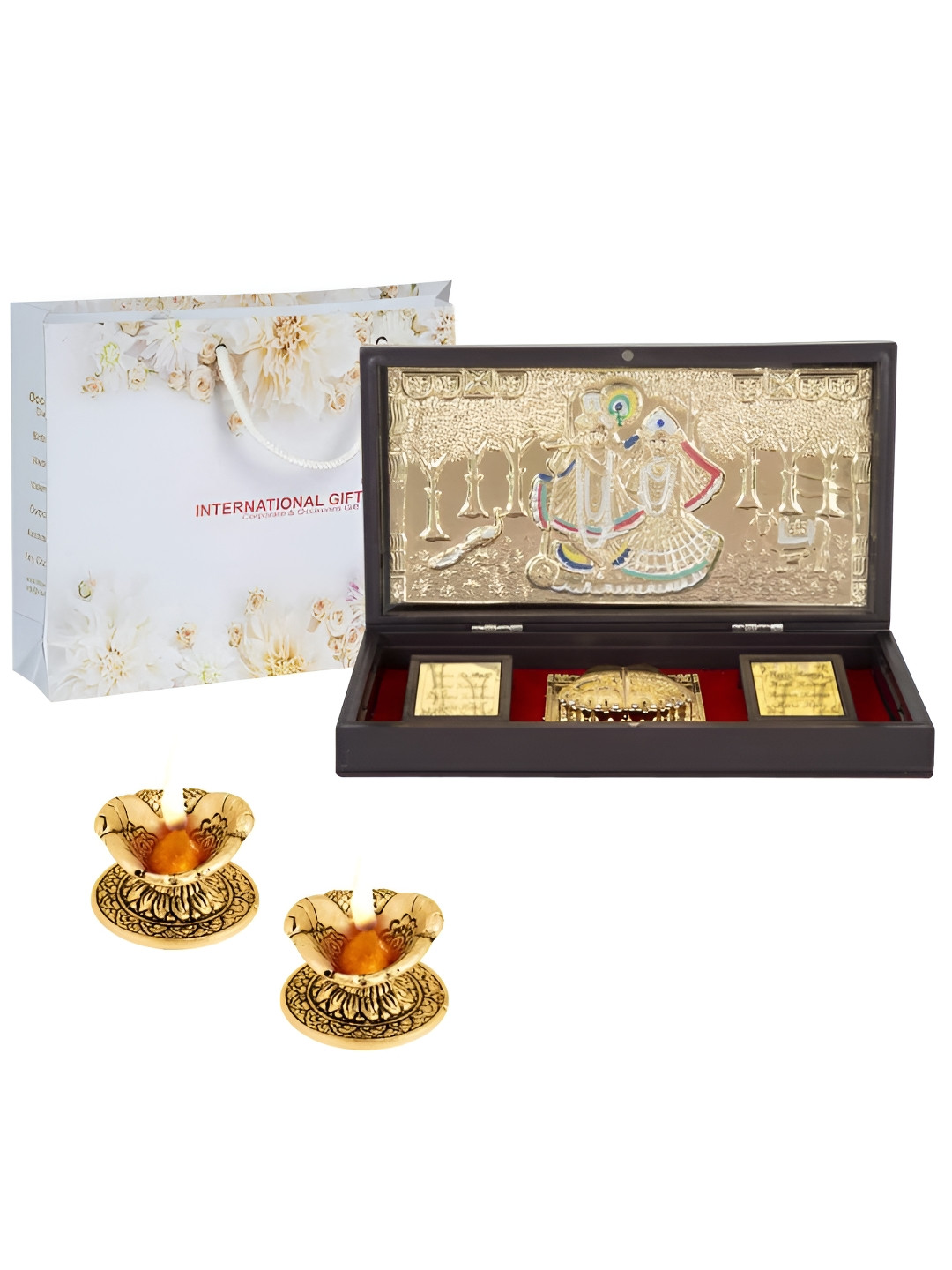 INTERNATIONAL GIFT Radha Krishna Charan Paduka with Diya Gold Metal Metallic Prayer Room Set of 3 Large Showpieces - 4.3 Inches