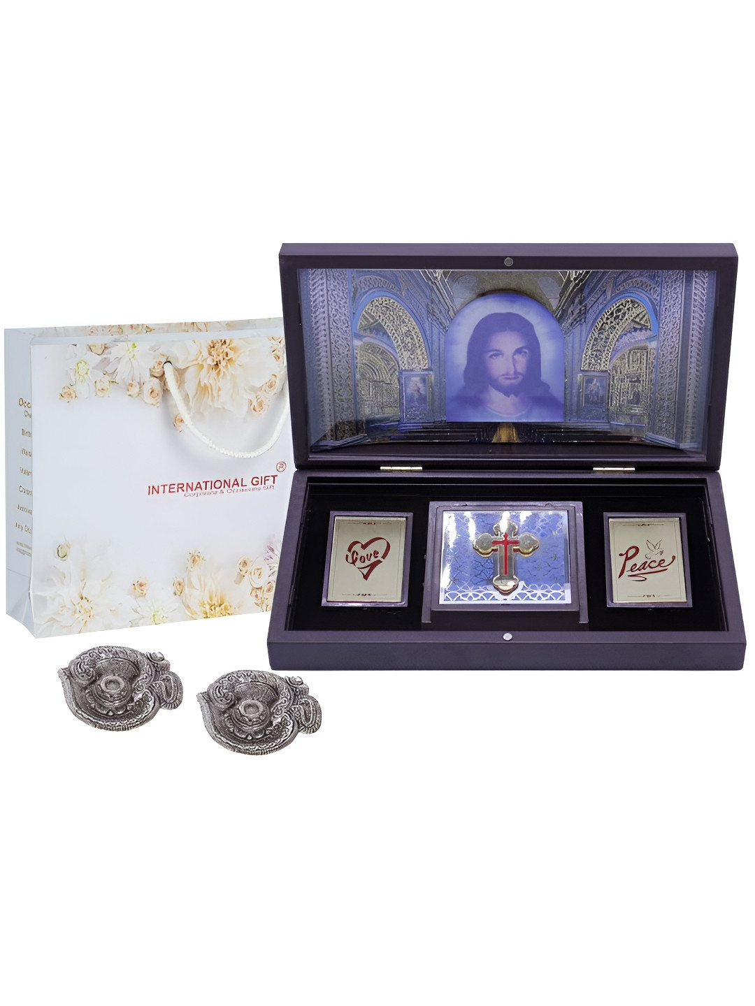 INTERNATIONAL GIFT Religious Jesus Message Box with Diya Silver Metal Metallic Prayer Room Set of 3 Large Showpieces - 4.3 Inches