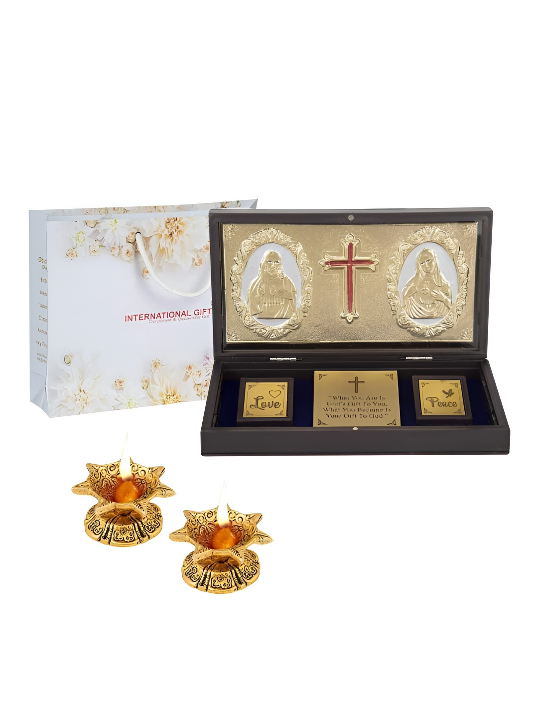 INTERNATIONAL GIFT Jesus Message Box with Diya Gold Metal Metallic Prayer Room Set of 3 Large Showpieces - 4.3 Inches