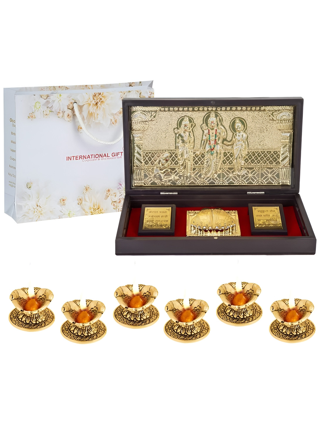 INTERNATIONAL GIFT Shree Ram Darbar Charan Paduka with 6 Diya Gold Metal Metallic Prayer Room Large Showpiece - 4.3 Inches