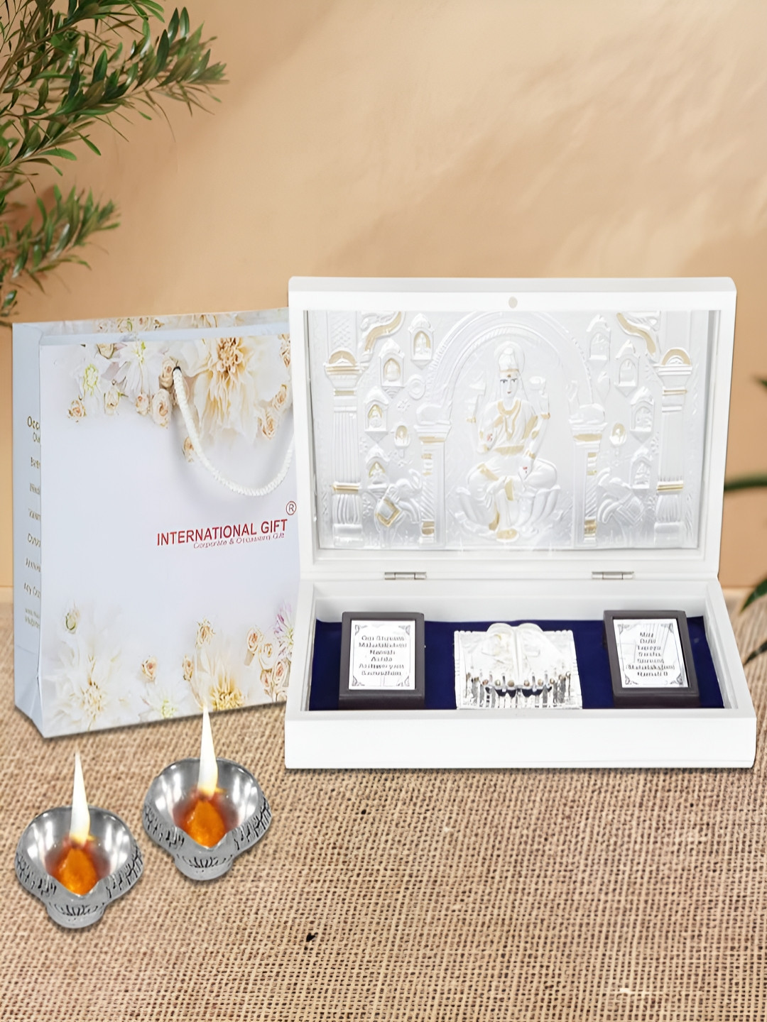 INTERNATIONAL GIFT Mata Saraswati Charan Paduka with Diya Silver Metal Metallic Prayer Room Set of 3 Large Showpieces - 4.3 Inches