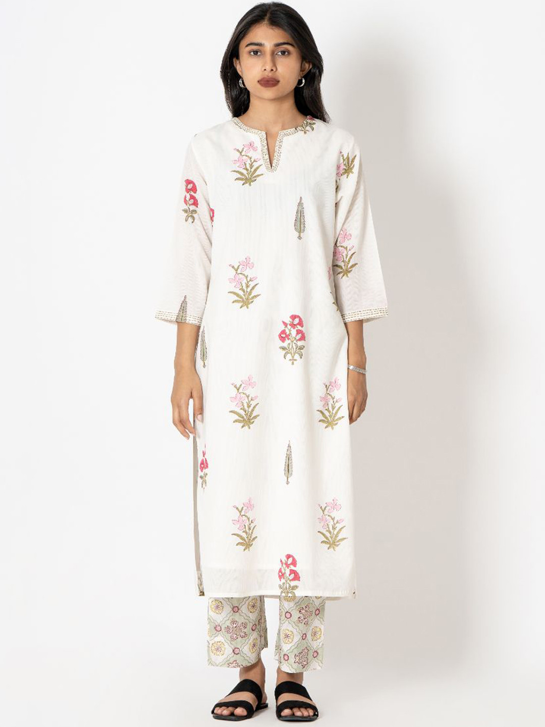 Kameez by Pooja Kejriwal Floral Printed Thread Work Pure Cotton Kurta With Trouser