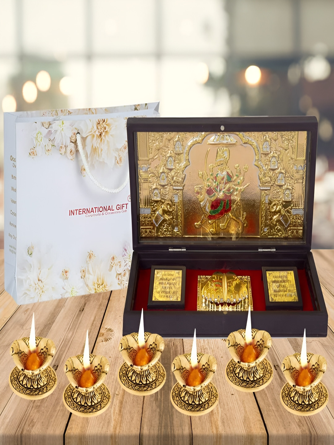 INTERNATIONAL GIFT Durga Mata Charan Paduka with 6 Diya Gold Metal Metallic Prayer Room Large Showpiece - 4.3 Inches