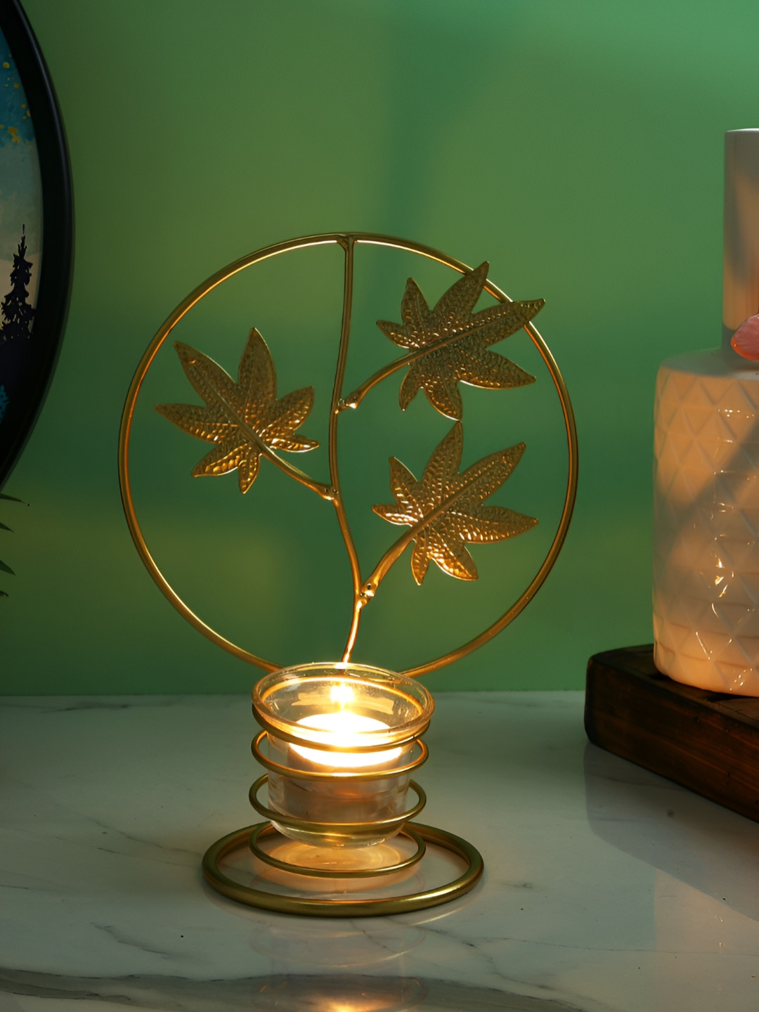 TAYHAA Gold Toned & Transparent Autum Leaves Textured Metal Glass Candle Holder