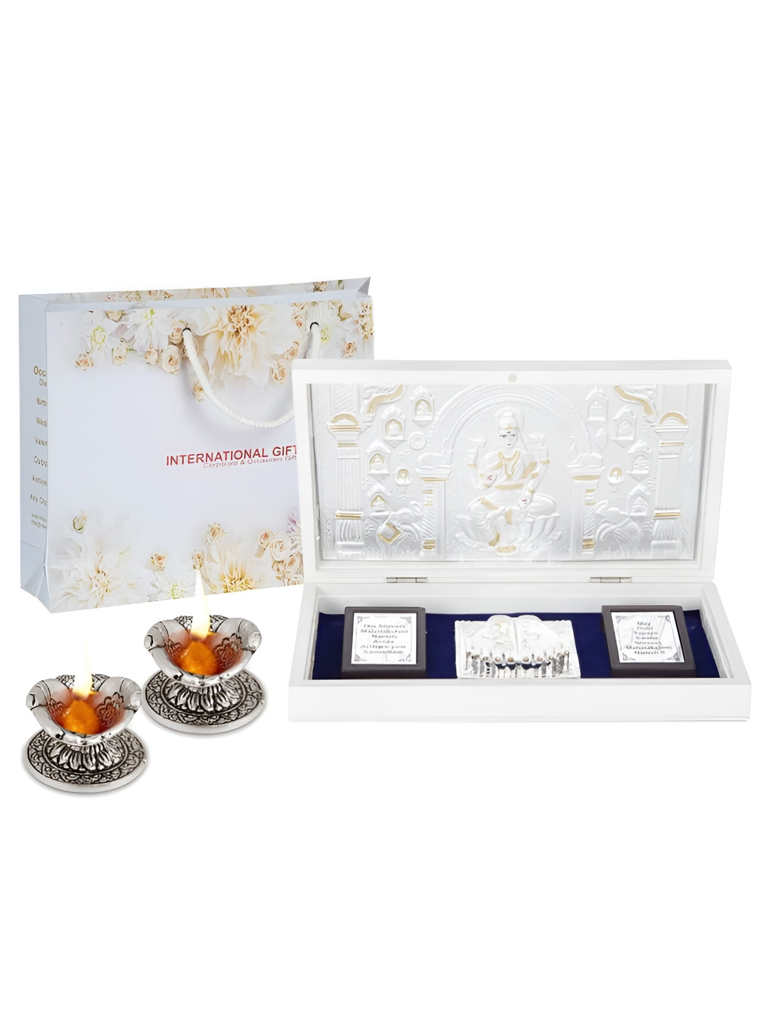 INTERNATIONAL GIFT Mata Saraswati Charan Paduka with Diya Silver Metal Metallic Prayer Room Set of 3 Large Showpieces - 4.3 Inches