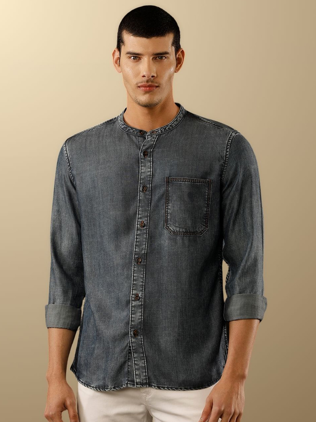 TEMPLE OF DENIM Men India Slim Band Collar Solid Denim Casual Shirt