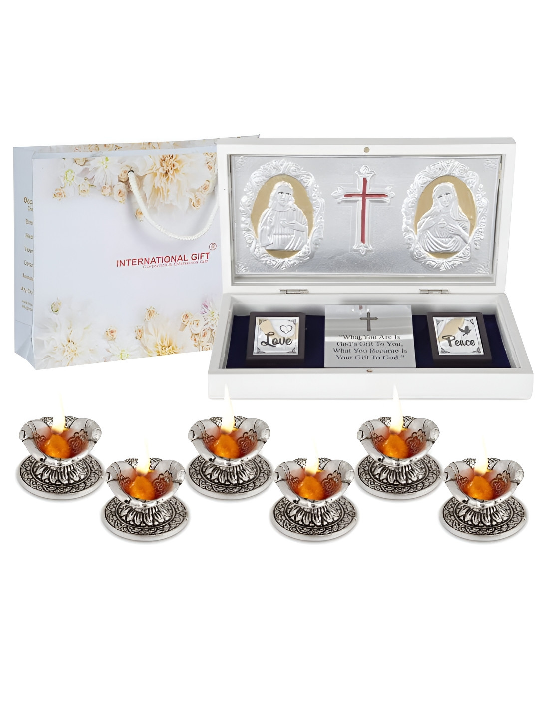 INTERNATIONAL GIFT Religious Jesus Message Box with 6 Diya Silver Metal Metallic Prayer Room Large Showpiece - 4.3 Inches