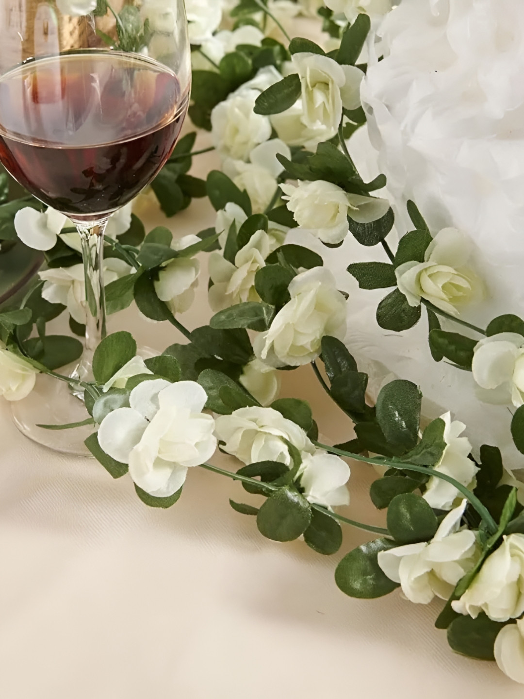 TIED RIBBONS White and Green 2 Pieces Artificial Rose Vine Creeper Flower Garland