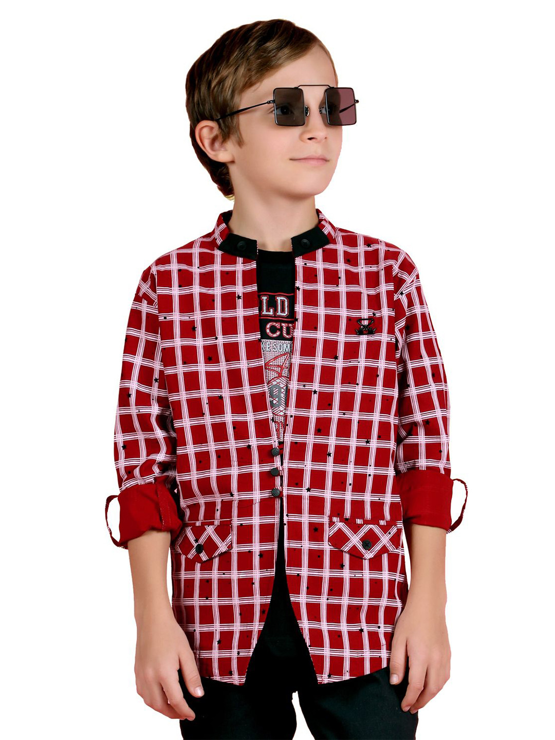 MashUp Boys Checked Long Sleeve Shirt With printed T-Shirt