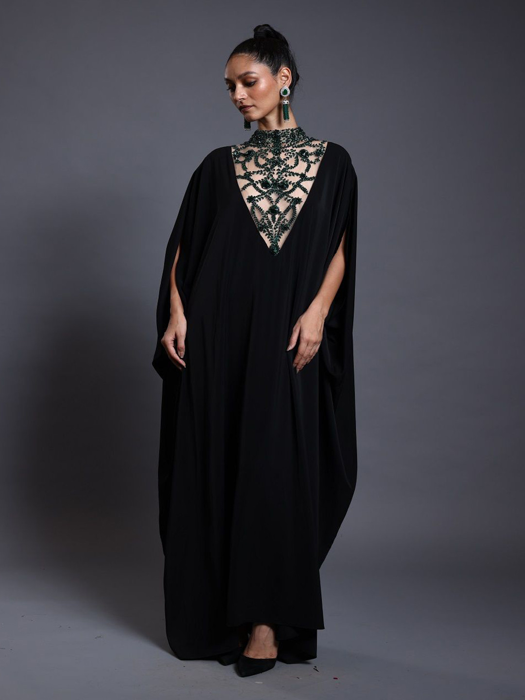 Siddartha Tytler Choker Neck Slit Sleeve Satin Maxi Dress