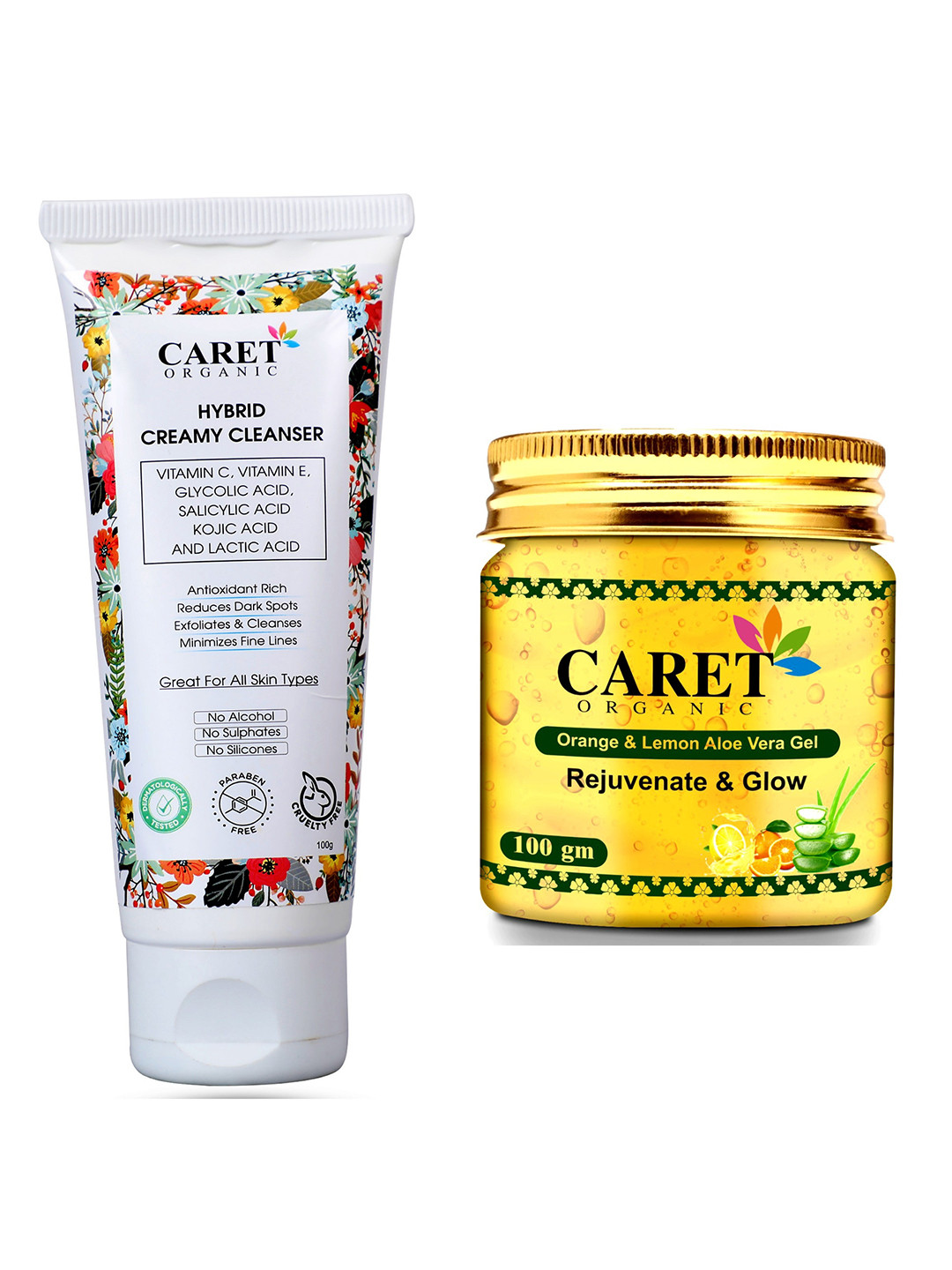 CARET ORGANIC Set Of 2 Aloevera Gel & Cleanser Face Wash- 100g Each