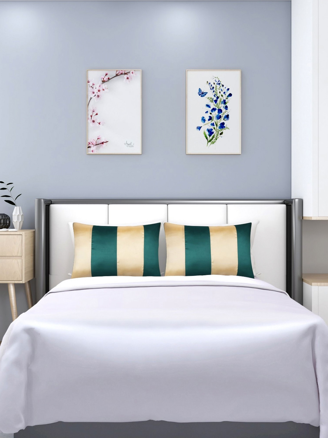 DEHMAN Gold-Toned & Green 2 Pieces Striped Rectangle Pillow Covers