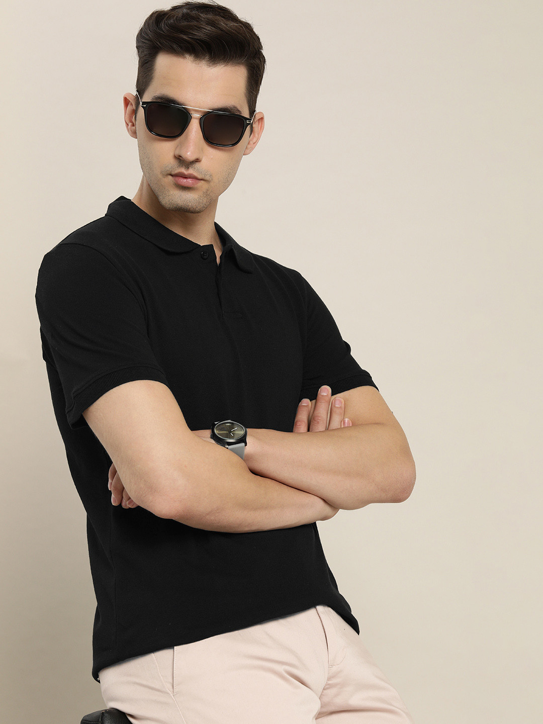 encore by INVICTUS Men Black Polo Collar Slim Fit T-shirt