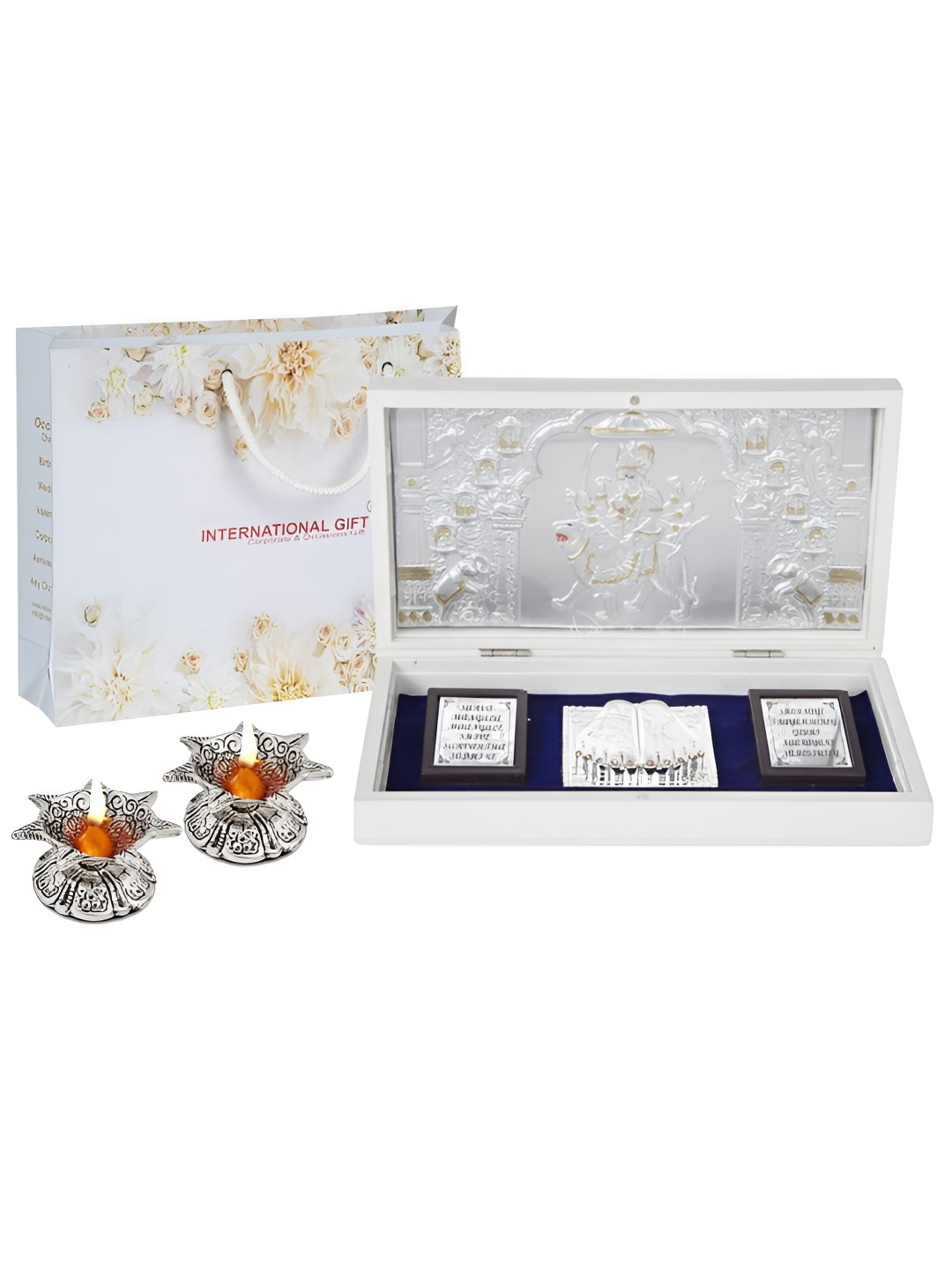 INTERNATIONAL GIFT Durga Mata Charan Paduka with Diya Silver Metal Metallic Living Room Set of 3 Large Showpieces - 4.3 Inches