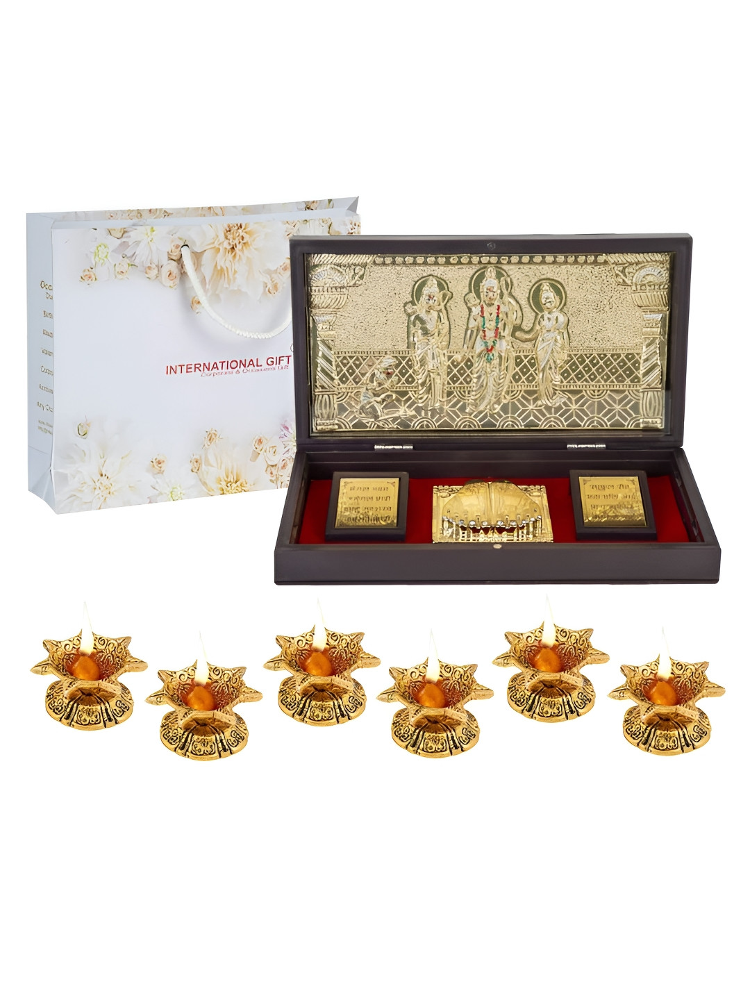 INTERNATIONAL GIFT Shree Ram Darbar Charan Paduka with 6 Diya Gold Metal Metallic Prayer Room Large Showpiece - 4.3 Inches