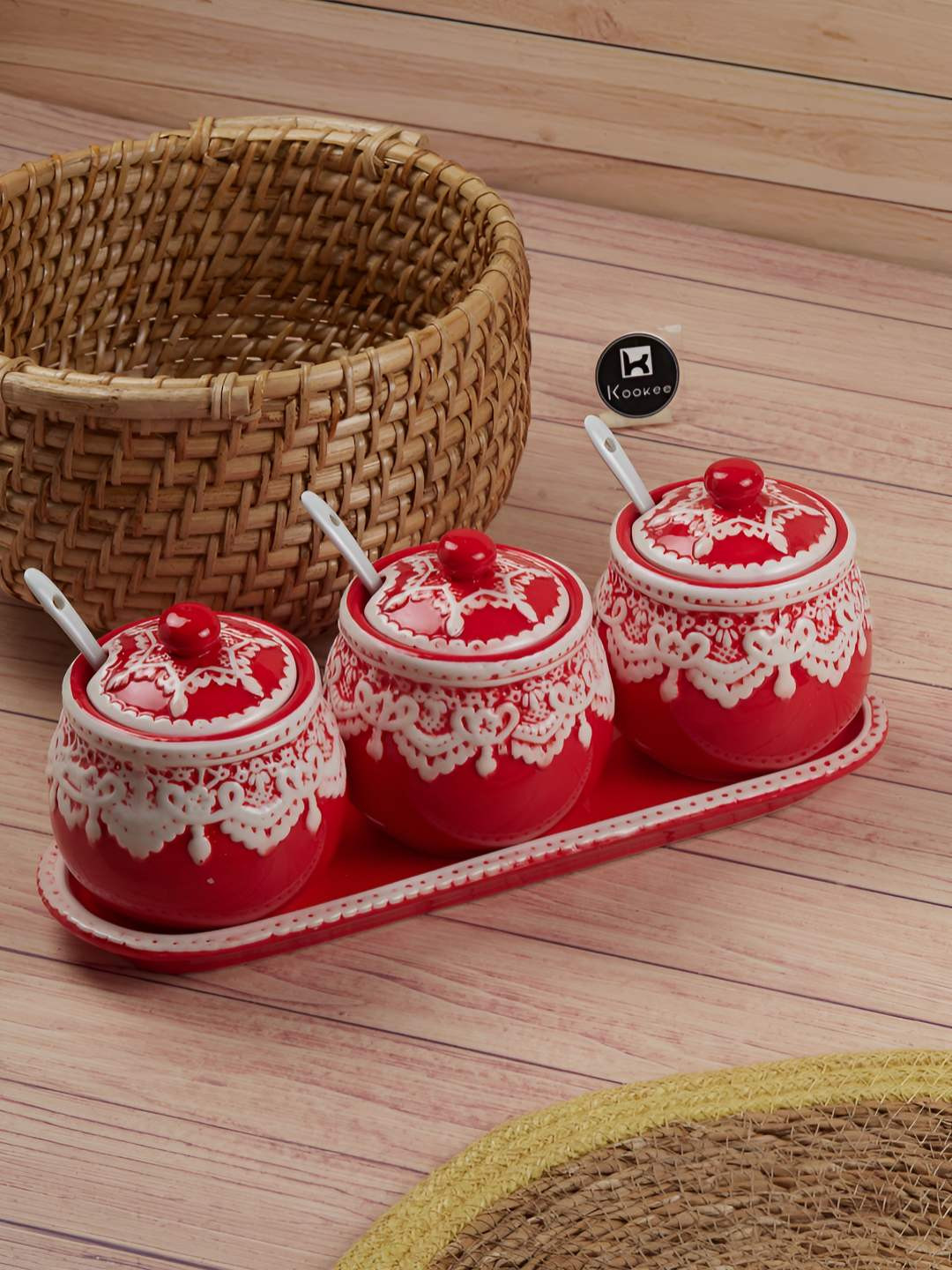 Kookee Red and White 3 Pieces Ceramic Easy to Clean Canister Container
